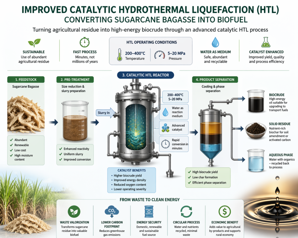 Infographic titled “Improved Catalytic Hydrothermal Liquefaction (HTL): Converting Sugarcane Bagasse into Biofuel.” It visually explains how agricultural waste (sugarcane bagasse) is processed into biocrude. The diagram shows four main stages: feedstock (bagasse), pre-treatment (slurry preparation), catalytic HTL reactor (operating at 200–400°C and 5–20 MPa using water and catalysts), and product separation. Outputs include biocrude oil, solid residue (biochar), and an aqueous phase. Icons and labels highlight benefits such as sustainability, fast conversion in minutes, lower carbon footprint, circular processing, and economic value.