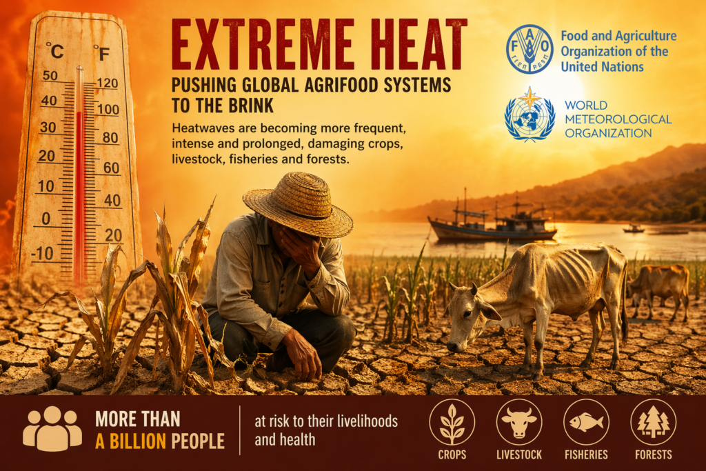 Extreme Heat Threatens Global Food Systems Alt Text: Parched farmland with withered crops under intense sunlight, representing the impact of extreme heatwaves on global agriculture and food security.