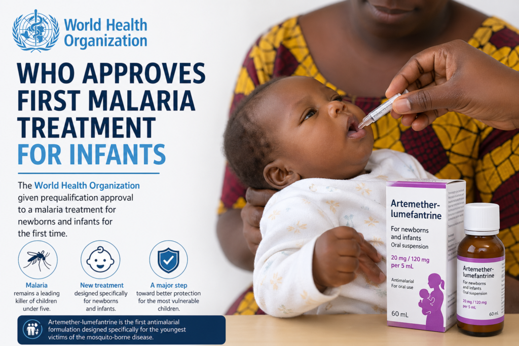A healthcare worker gently administers oral medicine to a newborn baby while being held by a caregiver. On the left, a prominent headline reads “WHO Approves First Malaria Treatment for Infants,” alongside the logo of the World Health Organization. The image also shows a bottle and packaging labeled Artemether-lumefantrine, highlighting its use as a newly approved malaria treatment specifically designed for newborns and infants.